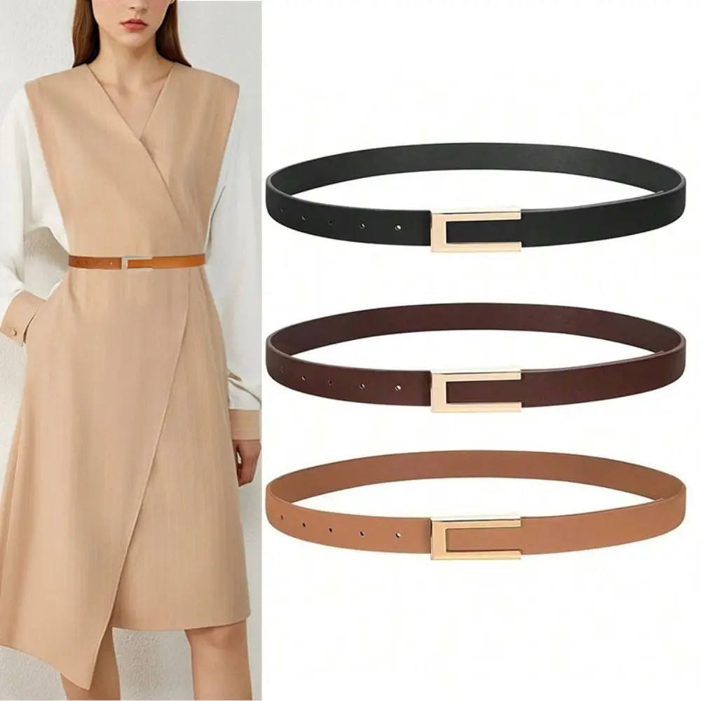 

Vintage Versatile Thin PU Leather Belt Luxury Design Women Metal Slide Buckle Belt Waist Strap Girdle Korean Dress Accessories ﻿