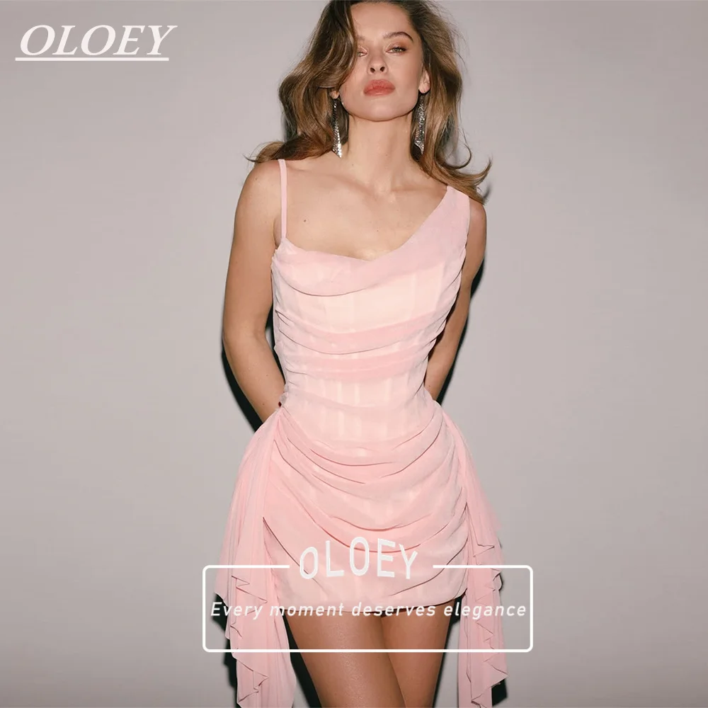 

OLOEY Modern Light Pink Short Prom Cocktail Dresses Customized Spaghetti Straps Mermaid Mini Evening Gowns for Party Birthday