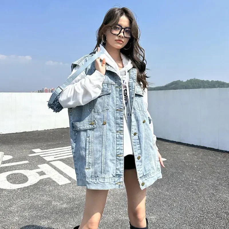 

Casual Loose Denim Vest Women Streetwear Blue Black Boyfriend Sleeveless Jackets Spring Summer Lapel Jean Chalecos V1669