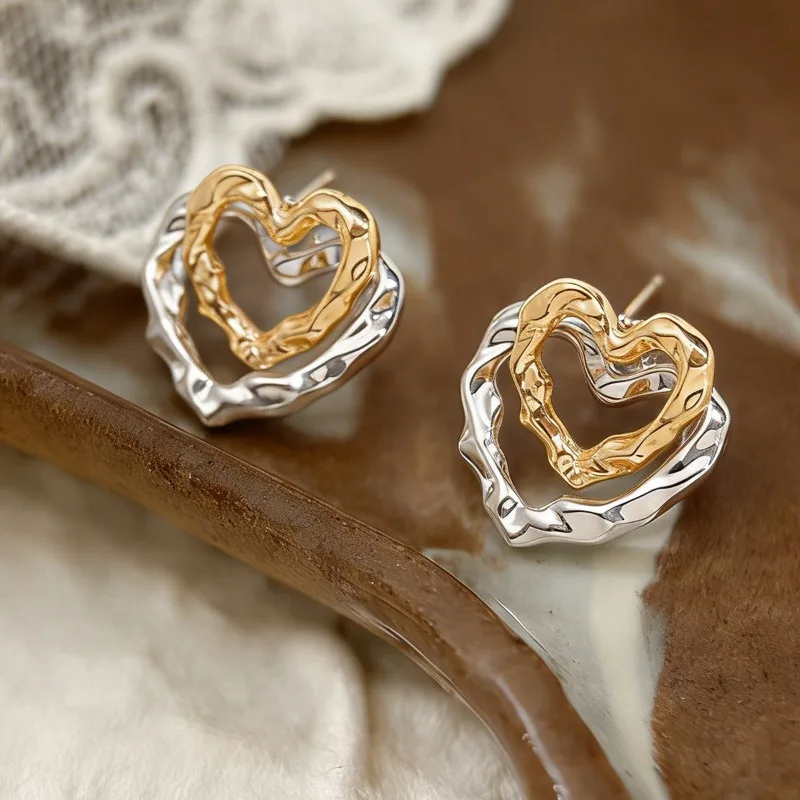 

Exquisite and elegant two tone double-layer heart-shaped earrings for women's accessories suitable for daily gift giving