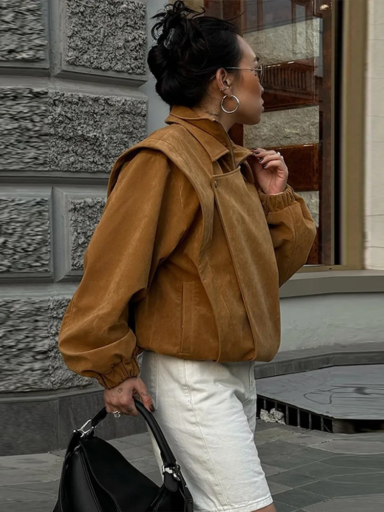 

Chic Lapel Zipper Jacket Woman Solid Color Long Sleeve Zipper Splicing Loose Coat Casual Street Women's New Early Autumn Jackets