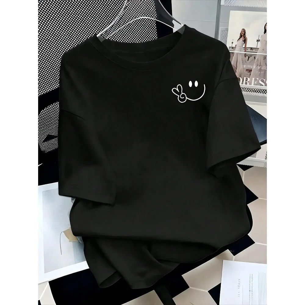 Peace Sign Line Smiley Face Print Women T-Shirt Chest Small Graphic Crew Neck Summer Casual Ladies Short Sleeve Tee