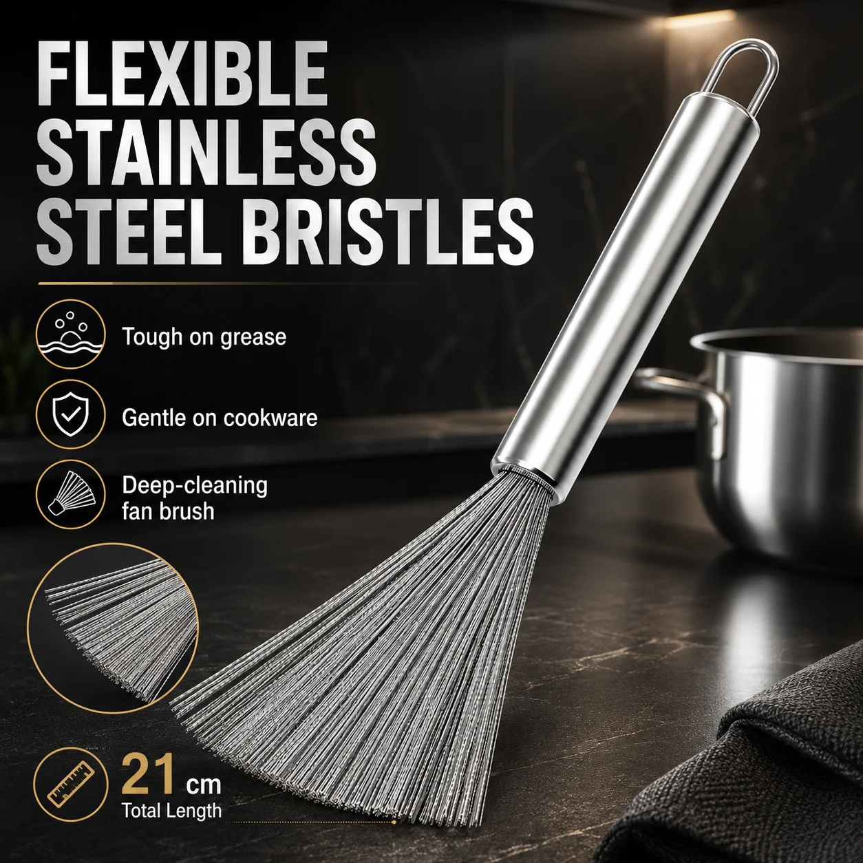 Stainless Steel Pot Scrubber, Kitchen Long Handle Wire Brush, Efficient Non Scratch Hanging Cleaning Tool for Cookware