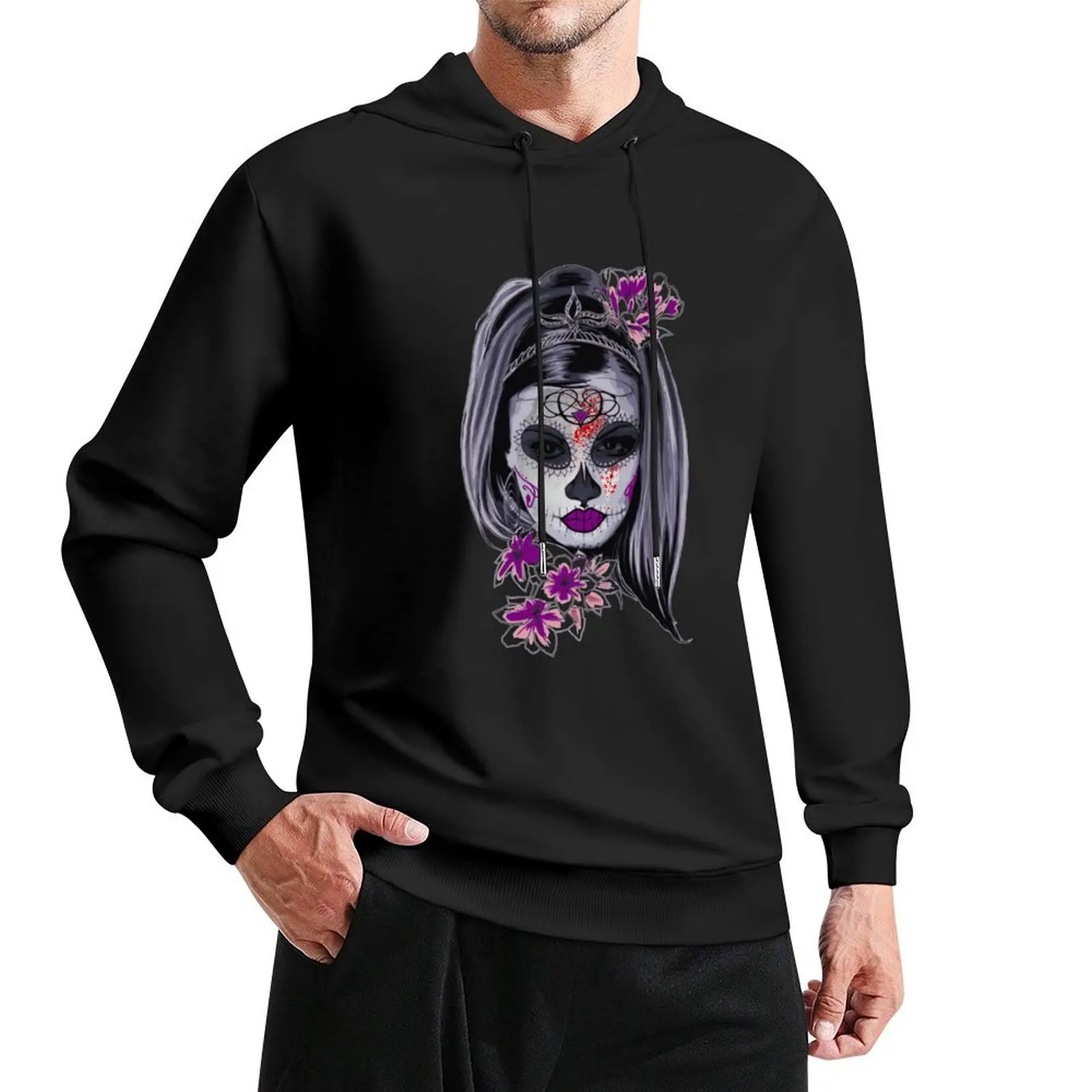 Catrina with purple lily flowers Pullover Hoodie male clothes men clothing men's coat fashion men pullover