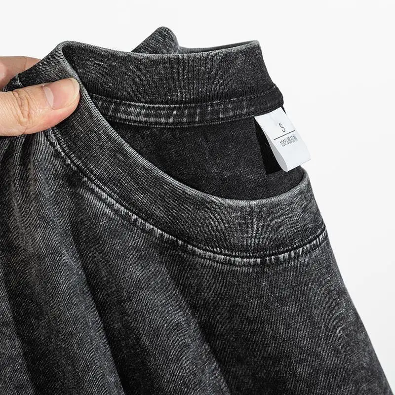 تي شيرت ريترو قابل للغسل من ماركة American Streetwear للرجال، تي شيرت صيفي ثقيل الوزن نصف كم فضفاض بلون سادة #3