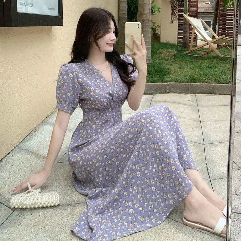 Floral Print V-Ne Midi Dr Chiffon Waist-Cinching A-Line Skirt Korean Sle Commute Summer ort Sve Casual Dr