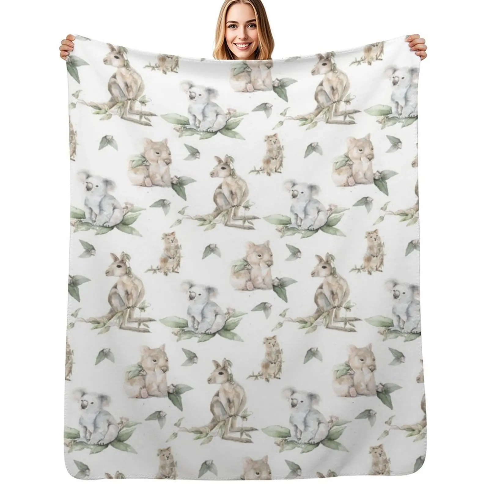 Watercolour Australian Animals. Wombat, Koala, Quokka and Kangaroo. Throw Blanket Cozy Throw Blanket for Bed Sofa Chair