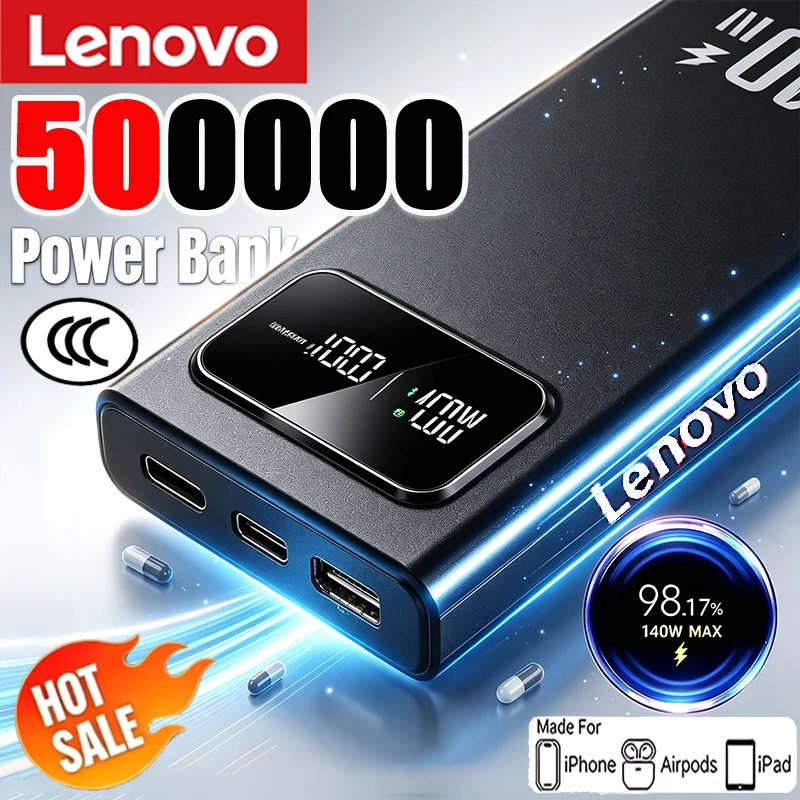 Lenovo 140W LargeCapacity 5000000mAh Power Bank Super Fast Charging LED Digital Display Powerbank Battery Pack ForXiaomi Samsung