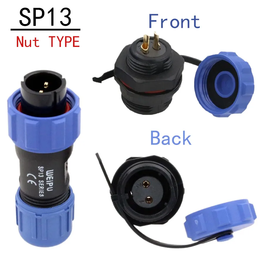 SP13 2Pin Aviation Waterproof Connectors -Male Plug&Female Socket, IP68 Industrial Panel Mount, Outdoor Extension Cable Adapters