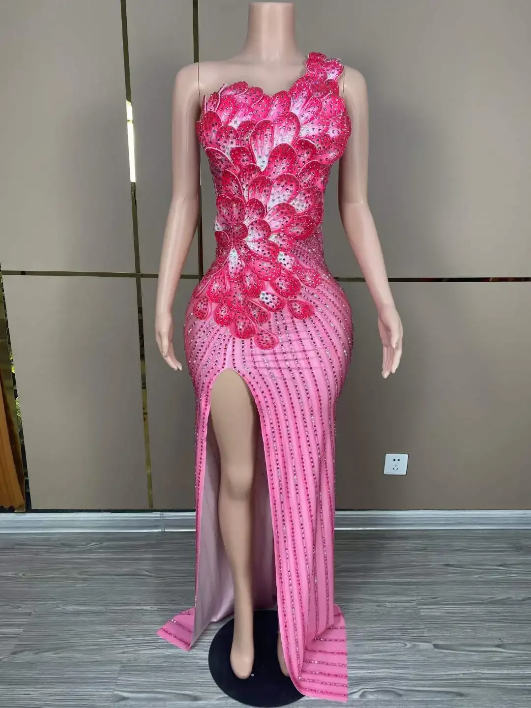 

Luxury Flower Long Rhinestone Dress For Women Birthday Evening Prom Las Vegas Bridal Wear Party Performance Drag Queen Costume