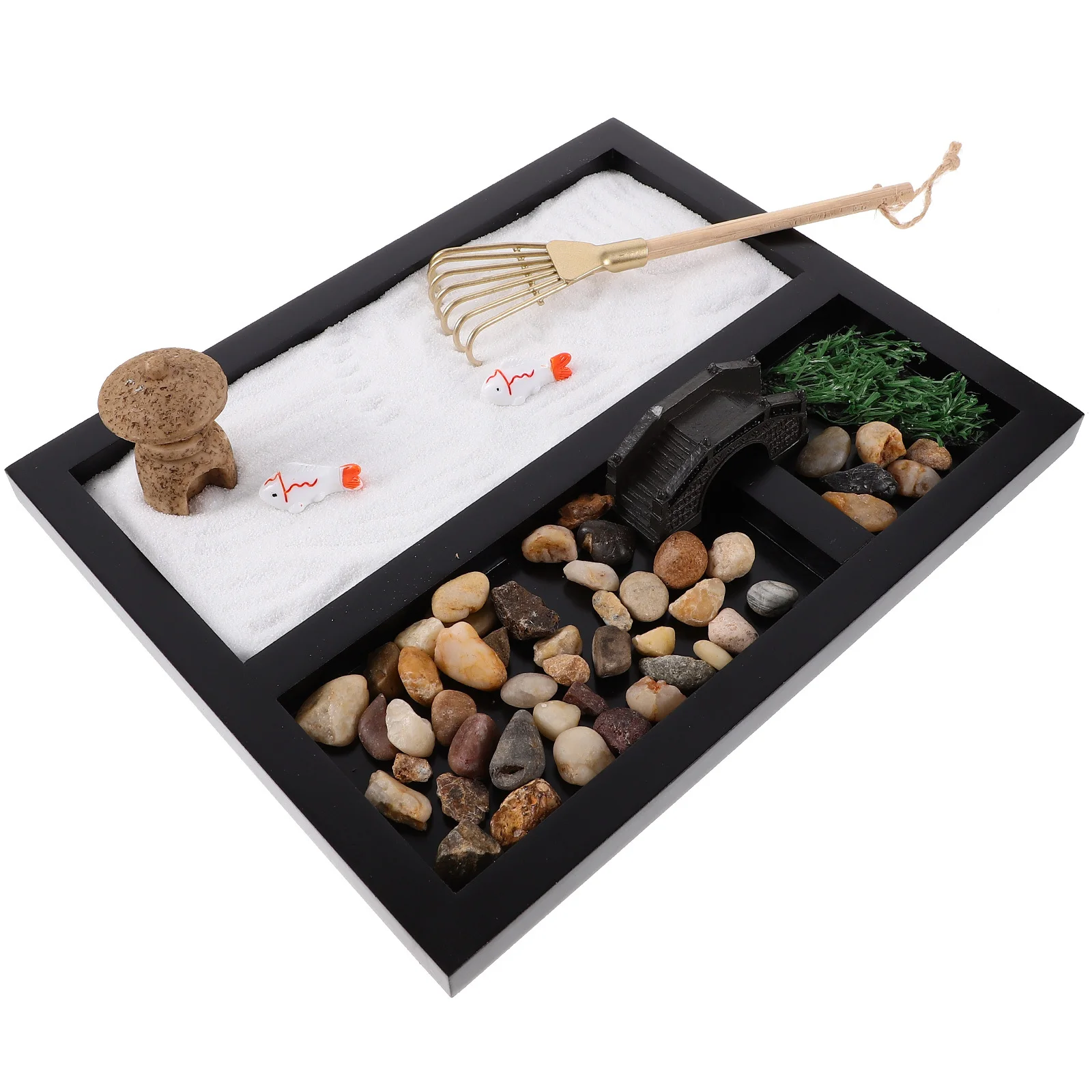 Mini Zen Garden - Dekoracja z piaskiem, stolik z piaskiem z grablią, czarna piaskownica na biurko do medytacji, relaksu, dekoracja biurka w biurze, do użytku w pomieszczeniach