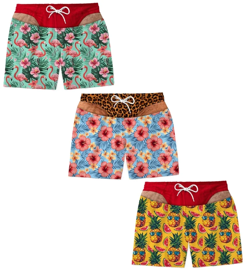 Men's Hawaiian Beach Shorts, Tropical Flamingo Pineapple Floral Leopard Print Drawstring Quick-Drying Shorts, Surf Shorts