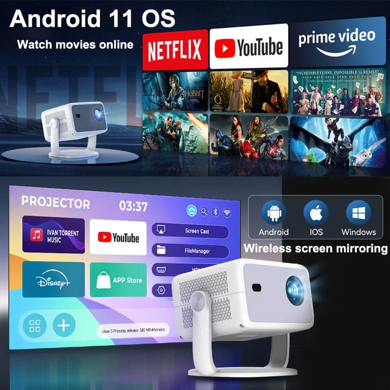 هواويشي 4K 800ANSI P4 جهاز عرض محمول أصلي 1080P تركيز تلقائي تصحيح حجر الزوايا BT5.2 أندرويد 11 WIFI6 360 °   السينما المنزلية