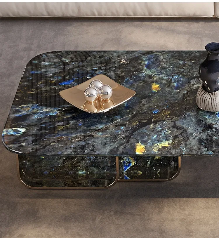 

Coffee table stainless steel light luxury champagne gold Amazon green Pandora snow mountain flying fox