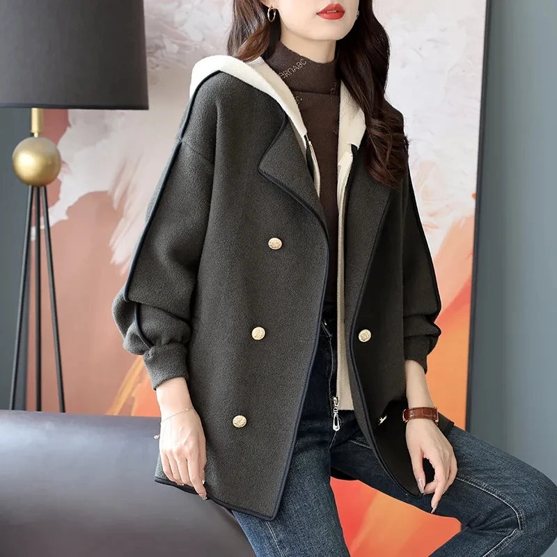 

Women Spring Autumn New Korean Join Together Hooded Fake Two Pieces Woolen Coat Female Casual Loose Wool Jacket Ladies Overcoat