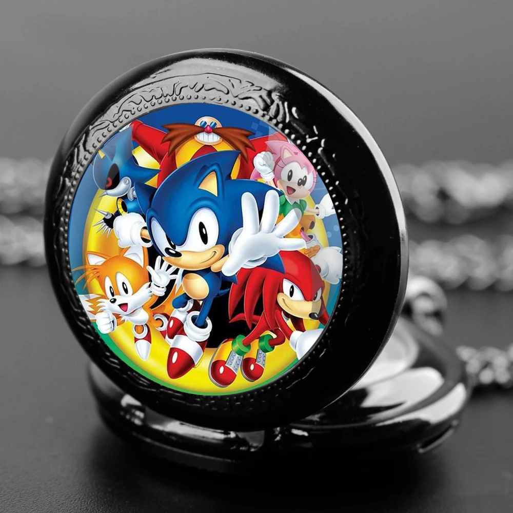 Sonic Glass Dome Quartz Pocket Watch, Numerais Árabes Vintage, Famoso Relógio dos desenhos animados, Colar Pingente, Corrente, Homens, Mulheres, Presente Kids