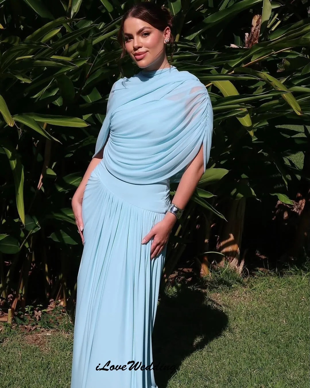 

Customized High Neck Sky Blue Chiffon Evening Dress 2025 Pleated Elegant Wedding Party Dress For Women Half Sleeve Formal Gowns