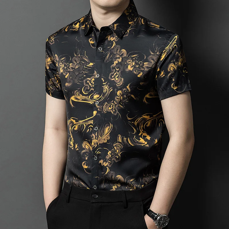 

Tcyeek 9.8% Mulberry Silk Shirt Men Thin Style Summer Clothes Print Short Sleeve Top Business Casual Mens Shirts 2024 Рубашка