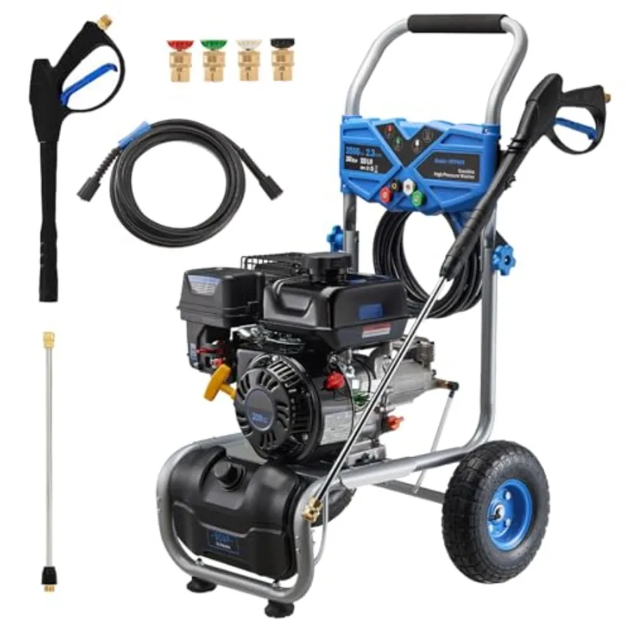 

Бензиновая мойка высокого давления 3500PSI 2.3GPM с баком для моющего средства, 4 быстросъемными насадками, аксиальным насосом и шлангом 25 футов