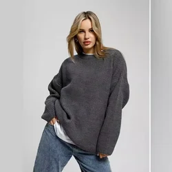 Damski sweter z okrągłym dekoltem w jednolitym kolorze 2024, jesień, nowy, na co dzień, luźny, szykowny, dzianinowy sweter swetry Pull Femme