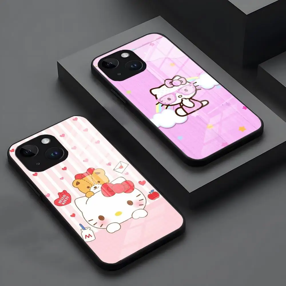 MINISO-Cartoon Hello Kittyes Phone Case For IPhone 16 15 14 Pro 11 13 12 Mini XS XR Max 8 7 6 Plus SE 2020 Glass Design Cove