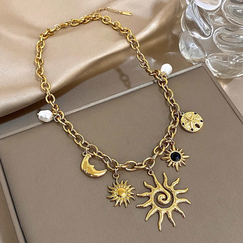 Vintage Chunky Chic Starfish Moon Sun Shaped Pendant Stainless Steel Charm Necklace Statement Golden Thick Chain Fashion Jewlery view 5
