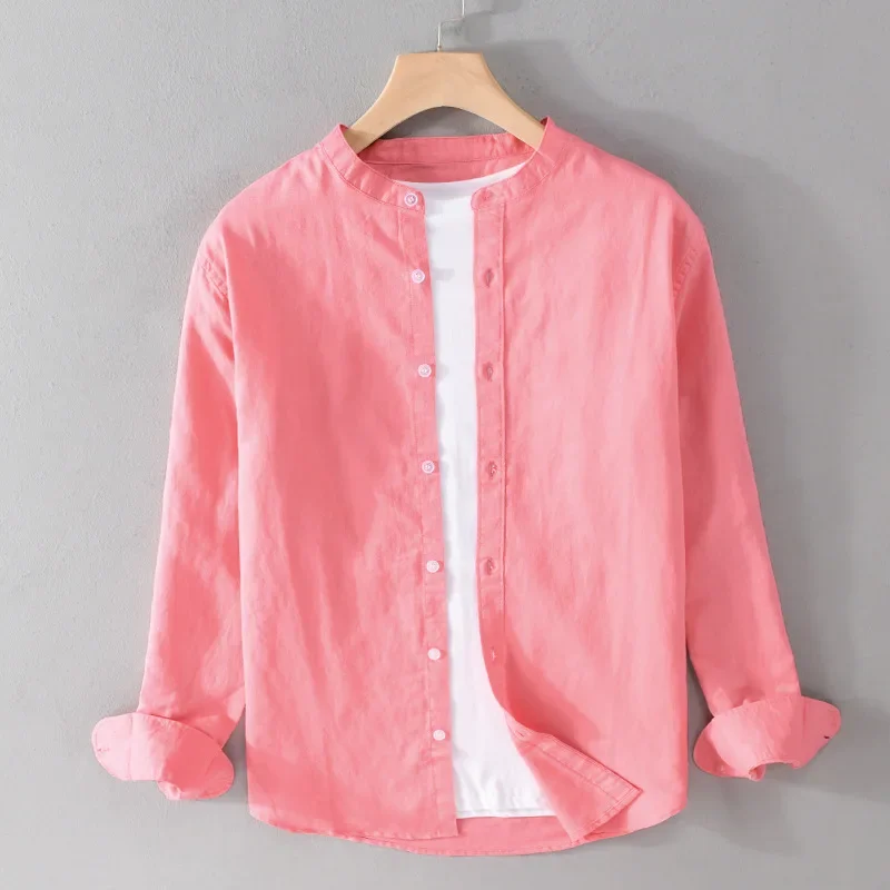 

Хлопково-льняная рубашка с длинным рукавом, мужские весенне-летние пляжные мужские рубашки 4XL, однотонная рубашка с воротником-стойкой, дышащий топ, простая одежда