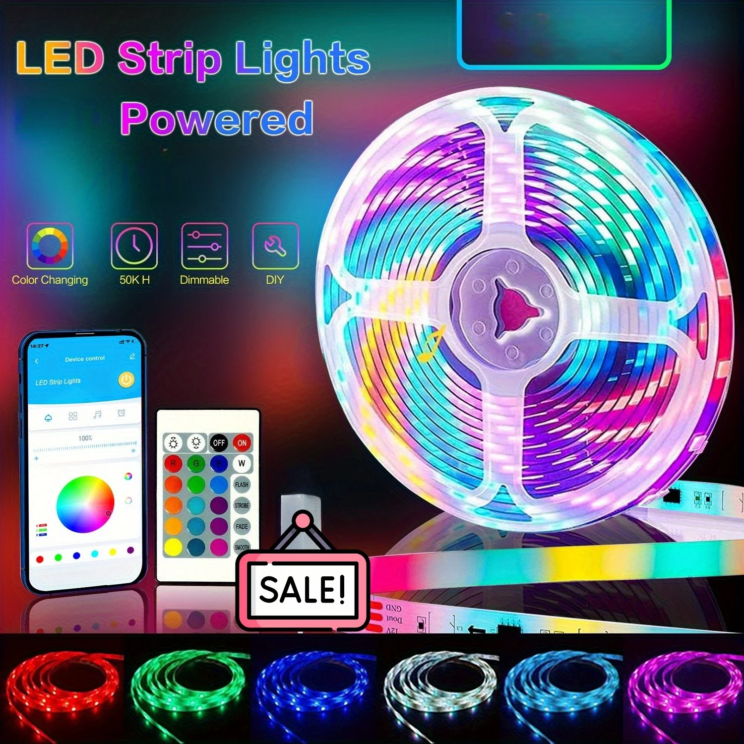 

Led Lights 100ft for Bedroom Color Changing Luces Led Para Decoracion Rgb DIY Color Option with Power Supply and 44 keys Remote