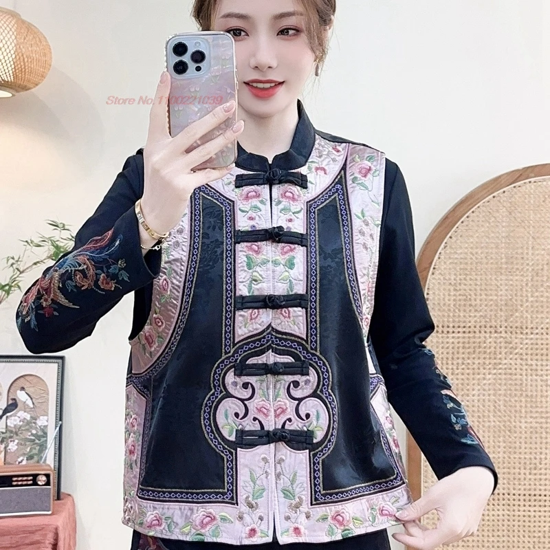

2025 national flower embroidery stand collar folk vest vintage satin jacquard vest traditional hanfu tops sleeveless jacket