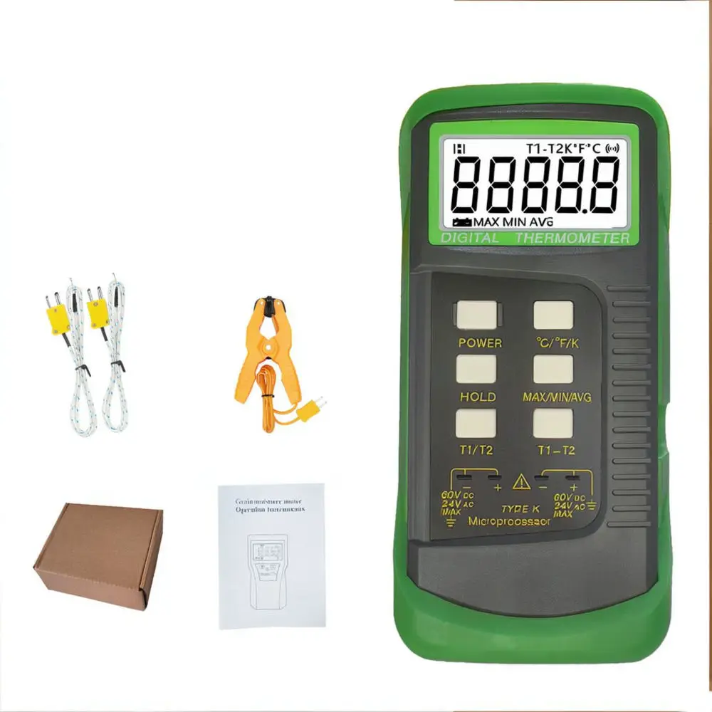 Professional Dual Port K Type Digital Heat Gauge With Pipe Clamp Sensor Thermocouple Probe For Industrial Use