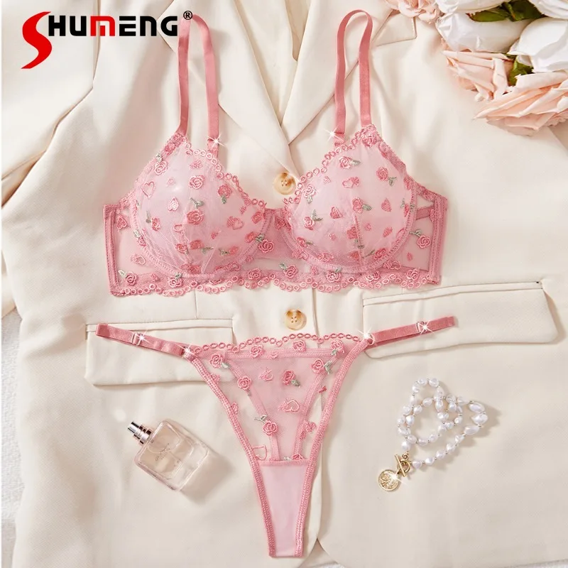

Sexy Cute Pink Lingerie Suits for Women Embroidered Push Up Bra Set with Underwire Lady Ultra Thin Cup Underwear Intimates