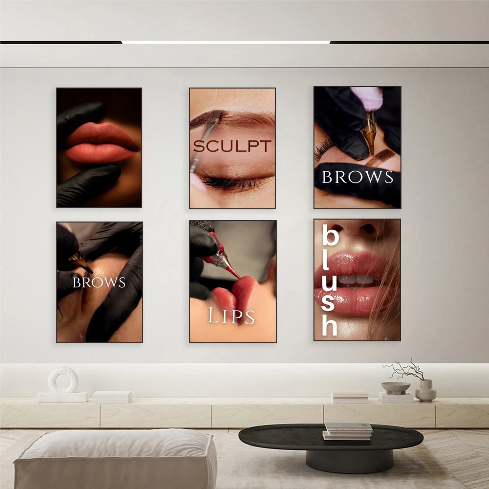 Microneedle eyebrow tattooing, lip tattooing, lip blush, decorative posters for permanent makeup studios and beauty salons.