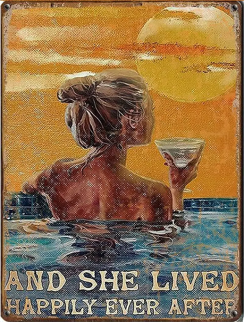 Vintage Metal Tin Sign Drinking Swimming Happily Ever After Tin Sign Love Wine Tin Sign Summer Time Drinking Wine Tin Sign Farmh