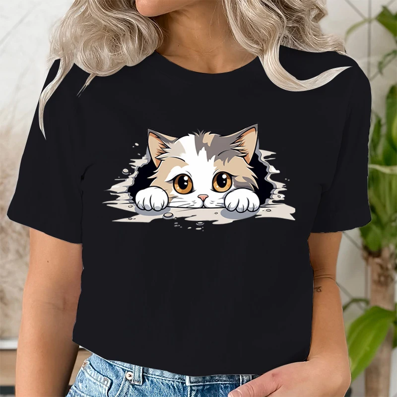 Cute Animal Lovers Summer T-shirt Cat Looking Through Wall Graphic T Shirts Women Kawaii Cat Trendy Casual Tops Women's Clothing