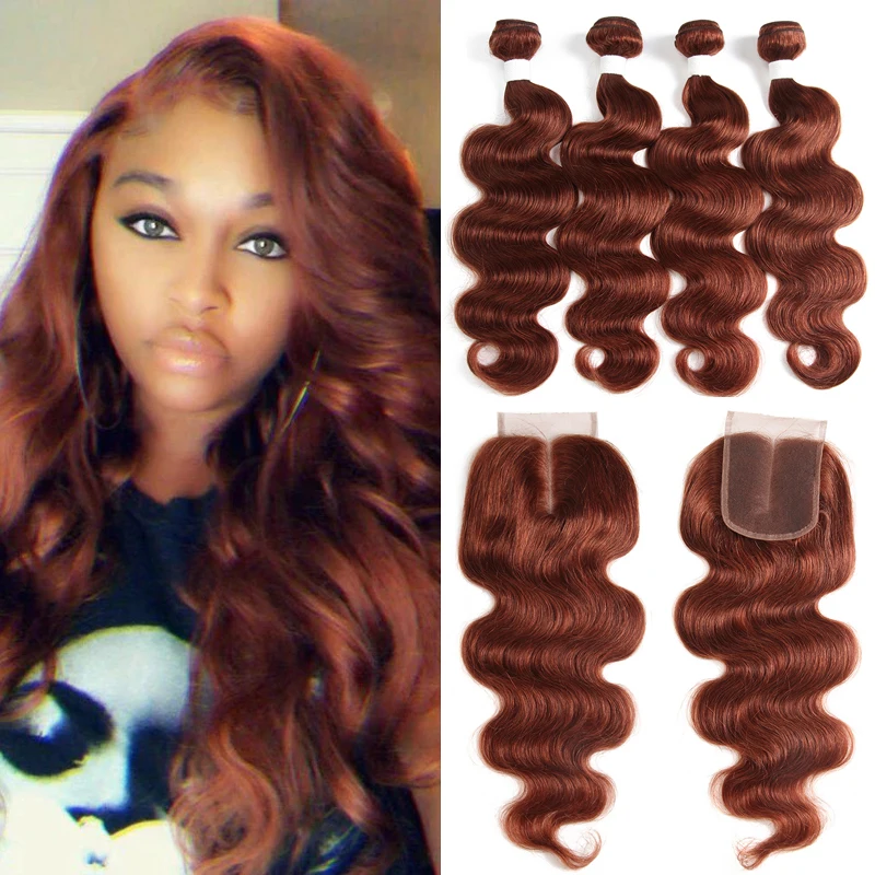 Body Wave Human Hair Bundle With Closure Brown Auburn #33 Color 100% Human Hair Weave Bundles Brazilian Remy Hair Extensions