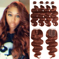 Tissage en Lot Brésilien Remy Body Wave avec Closure, Extensions de Cheveux Humains, Brun Auburn #33, Document 100%