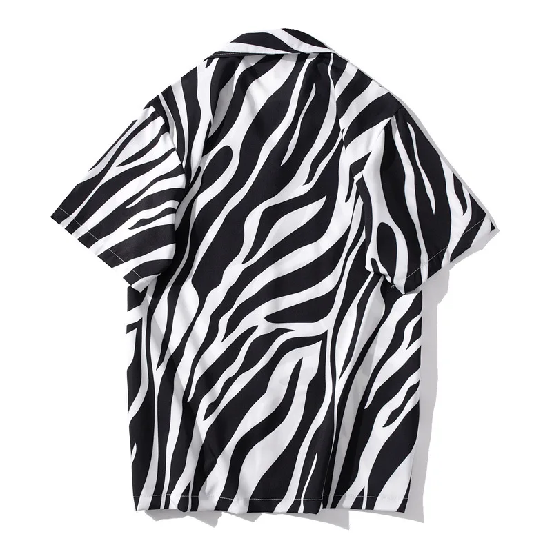 Black White Striped Printed Vintage Shirt New Summer Men Hawaiian Short Sleeve Shirt Mens Casual Beach Shirts Man Oversized Top