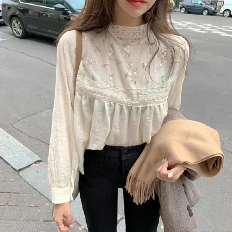 Koszula damska topy w stylu Vintage z szyfonu, haft Retro, luźne, uniwersalne, francja eleganckie koszule Blusas Camisa Femenina