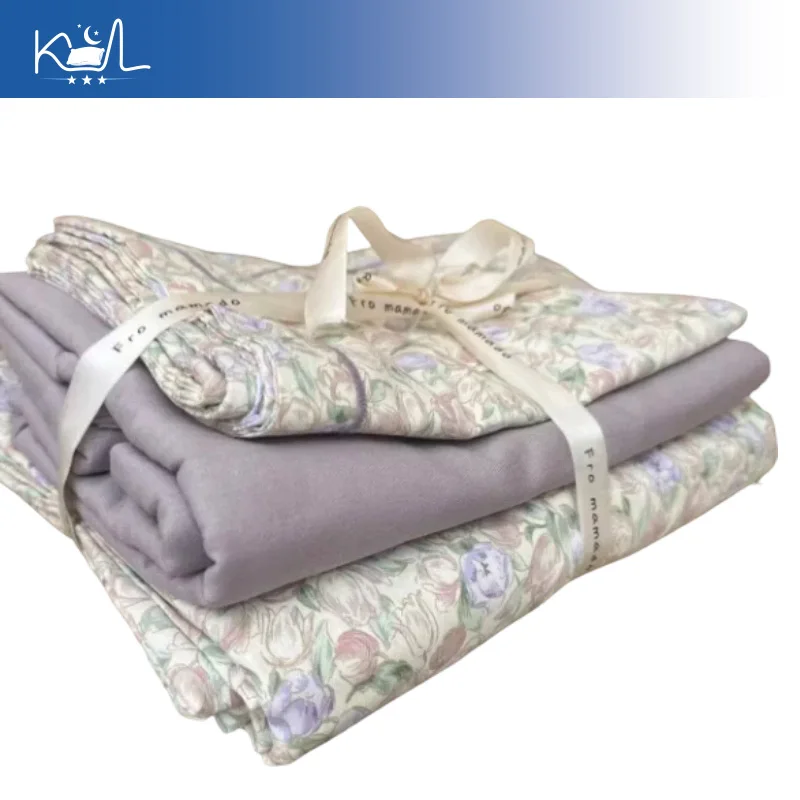100% Cotton Grade A 4 Piece Bedding Set, Double Layer Gauze Muslin Duvet Cover with Pillowcases, Soft Breathable Floral Sheet