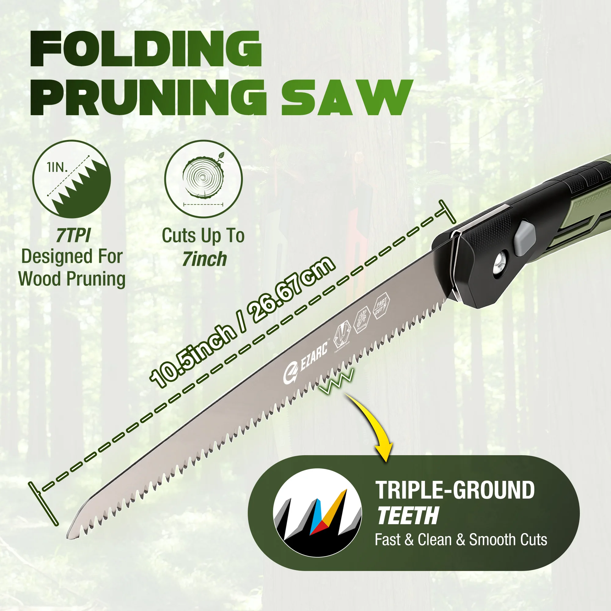 EZARC 10.5'' Folding Pruning Saw Green SK5 7TPI Triple-Ground Teeth Hand Saw Tree Branch/Wood/Bamboo/Plastic with Storage Pouch