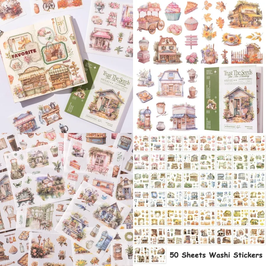 

Scrapbook Sticker Book with 50 Sheets for Journaling Aesthetic Washi Tape Decorations Pre-Cut Ephemera Supplies for Watercolor