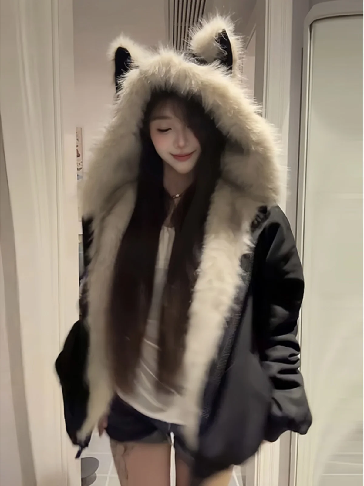 

Thiened Fce ort Cotton Jaet Men's Winter Warm Coat Bla Fur Collar Ears Casual Sle Youth ular Polyester Fiber