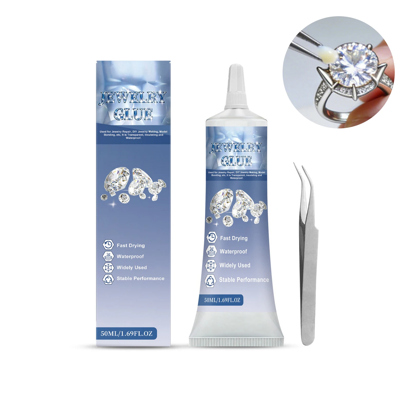 50ml Jewelry Glue Crystal Clear Diamond Setting Adhesive Waterproof For Jewelry Rhinestonne Crafts Glue with Tweezers