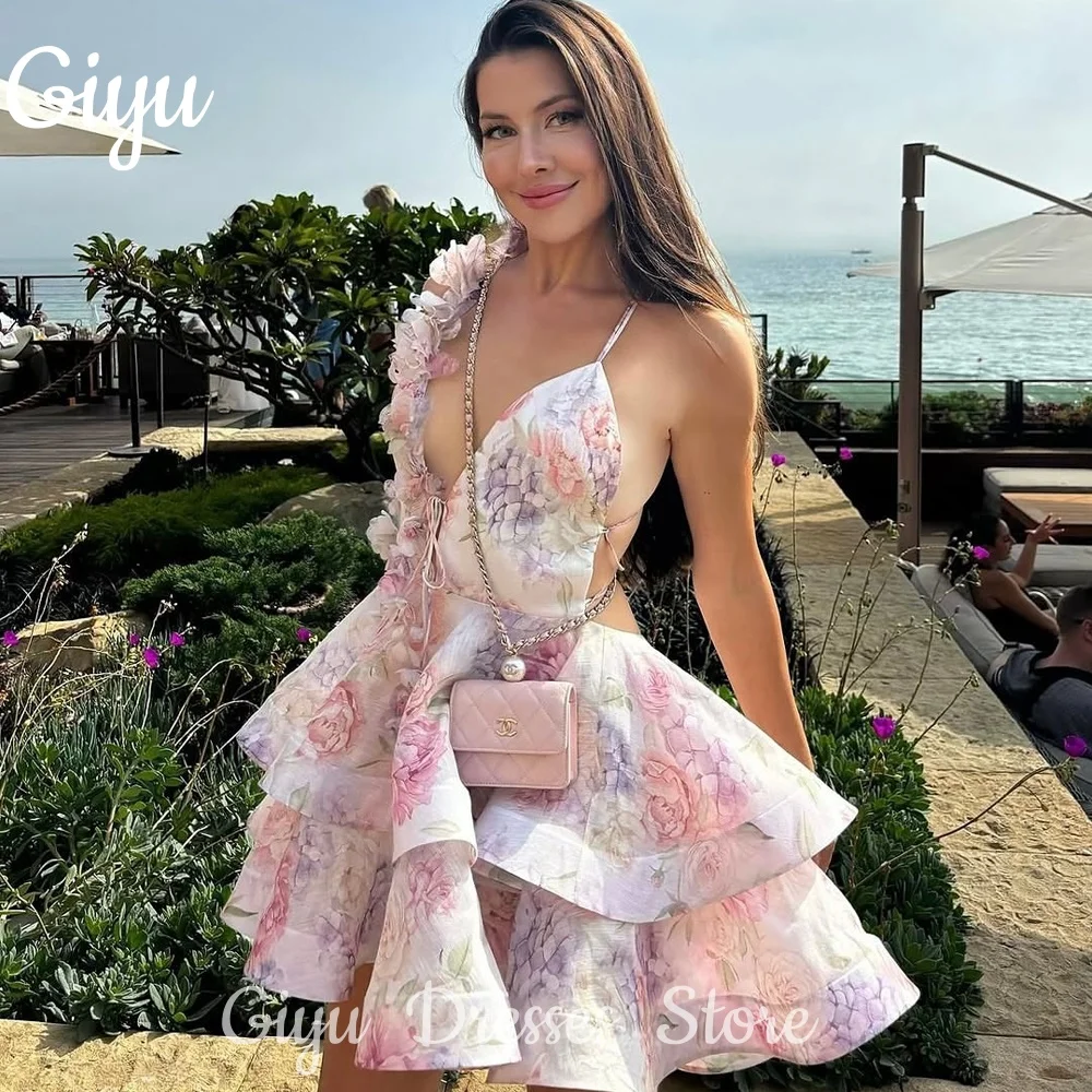 

Giyu Sexy Spaghetti Strap Printing Floral Prom Dresses Sleeveless Above Knee Pleat Birthday Party Dress Backless Dresses 2025