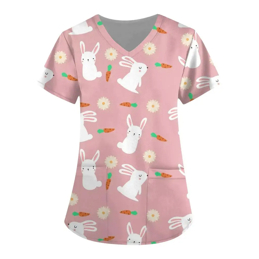 Clinical Uniform Woman Cute Rabbit Cartoon Print Vet Medico Patch Pocket Top Fashion V-Neck Short Sleeve Women's Surgical Scrubs