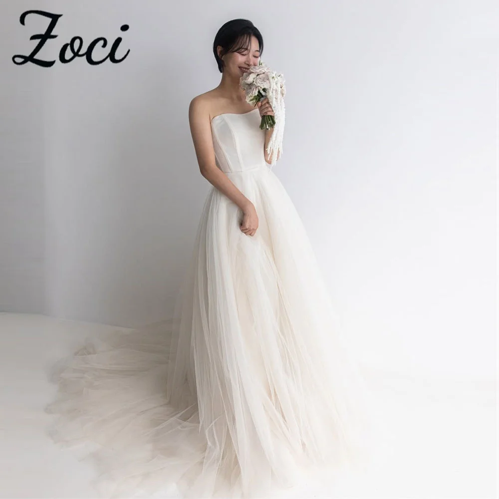 

Zoci Elegant Sweetheart Korea Wedding Dresses Customized Pleat Tulle Photos Shoot Bride Corset Long Sweep Train Reception Gown