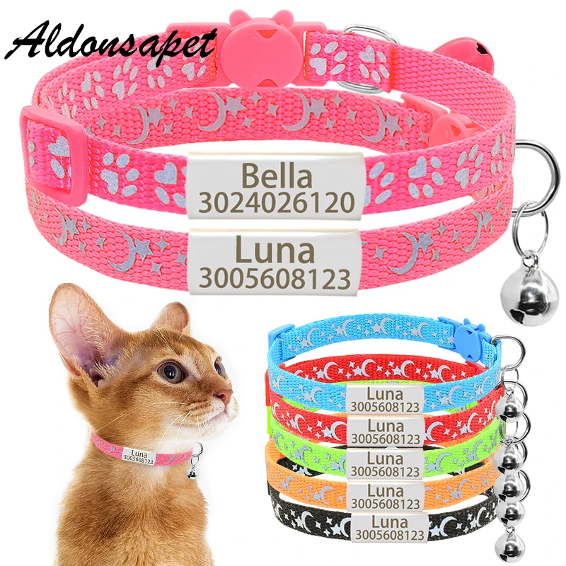 

2 Pack Personalized Reflective Nameplate Cat Collar Custom Safety Breakaway Name Tag Cat Collar Stars Moons Kitty Collar Bell