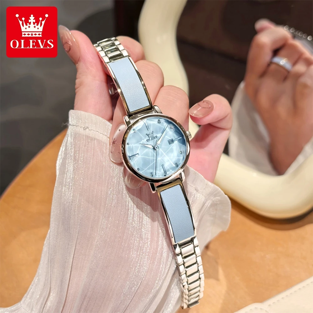 OLEVS 5656 New Women Watch Elegant Original Rhombus Glass Quartz Watch Steel Strap Date Watches For Women Bracelet Set Gift Box
