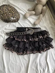 Original Y2K Spicy Girl Punk Subculture Earlet Lace Trim Leopard Print  Skirt Cake Skirt Anti-Light Short Skirt