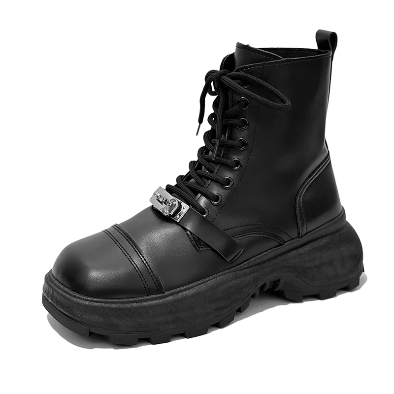 Black Non-slip Outdoor Boots for Men Spring and Autumn Lace-up Short-tube Platform Men's Shoes Trendy PU Leather Men Ankle Boots